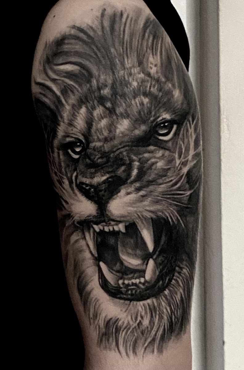 Detailaufnahme eines realistischen Löwen-Tattoos von Andreas Hünerfauth